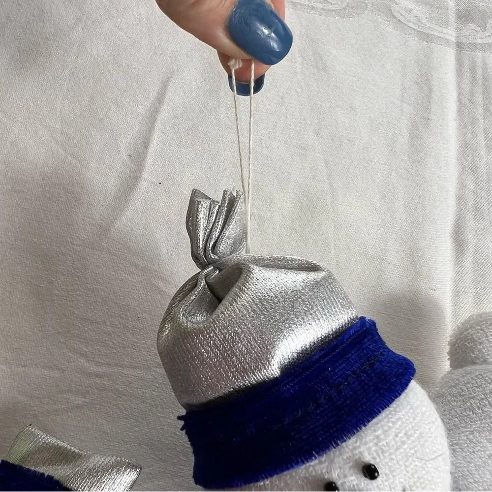 2 Hanging Stuffed Snowmen Blue White Chubby Soft Snowflake Christmas Tree Noel